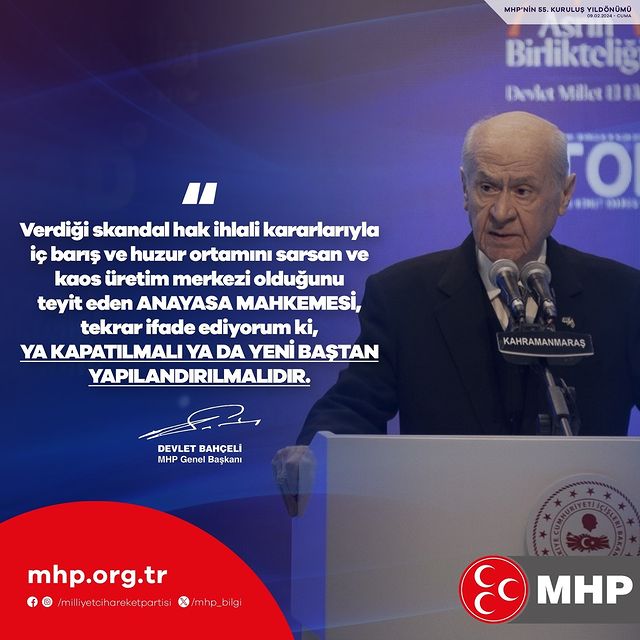 MHP Antalya İl Başkanı, Anayasa Mahkemesi'nin skandal kararlarını eleştirdi ve kapatılmasını ya da yeniden yapılandırılmasını istedi.