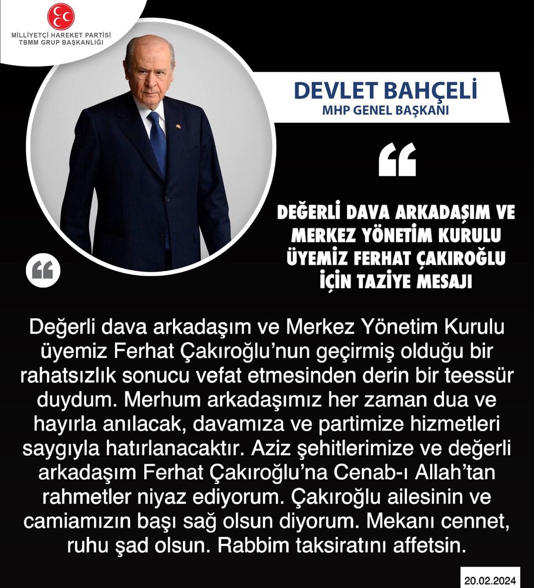 MHP Genel Başkanı Devlet Bahçeli'den Taziye Mesajı: 
