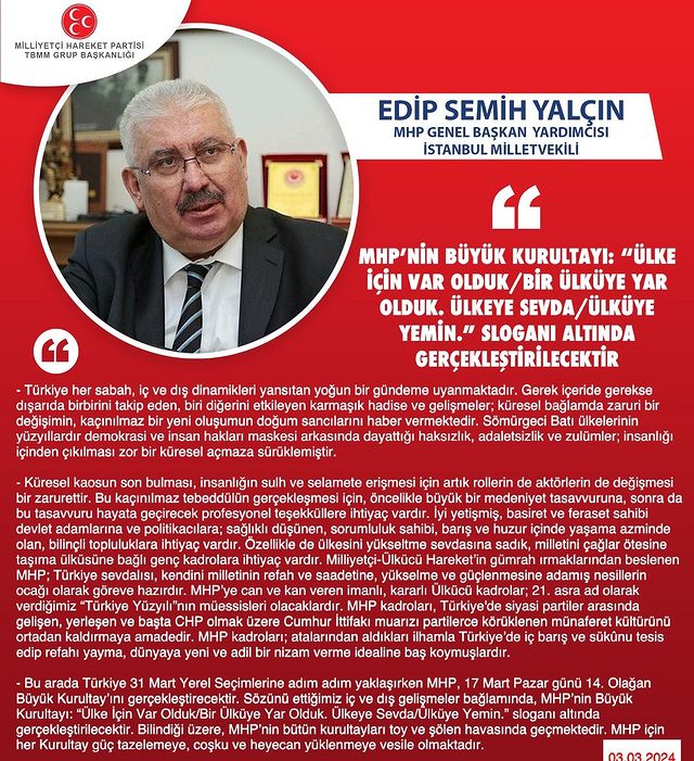 MHP Genel Başkan Yardımcısı Prof. Dr. Semih Yalçın, Büyük Kurultay için temasını açıkladı.