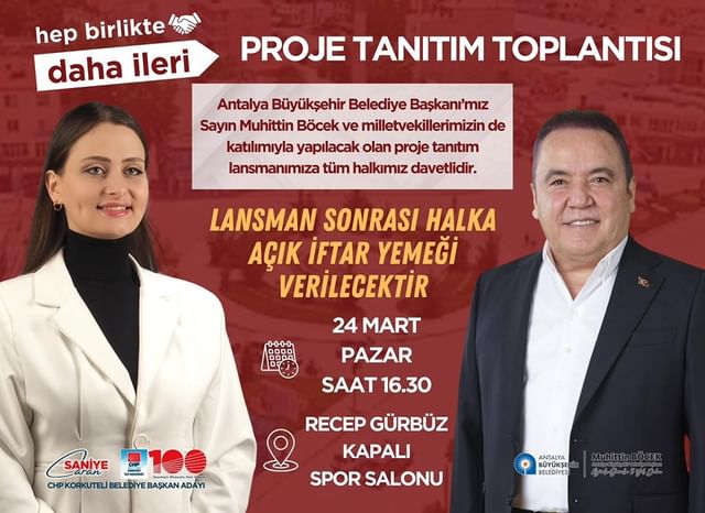 Antalya Büyükşehir Belediye Başkanı Muhittin Böcek, Korkuteli'de belediye başkan adayı Saniye Caran'ın projelerini tanıtacak bir etkinlik düzenleyecek.