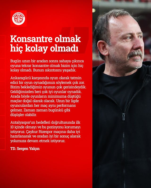 Antalyaspor Teknik Direktörü Sergen Yalçın, MKE Ankaragücü maçıyla ilgili önemli açıklamalarda bulundu.