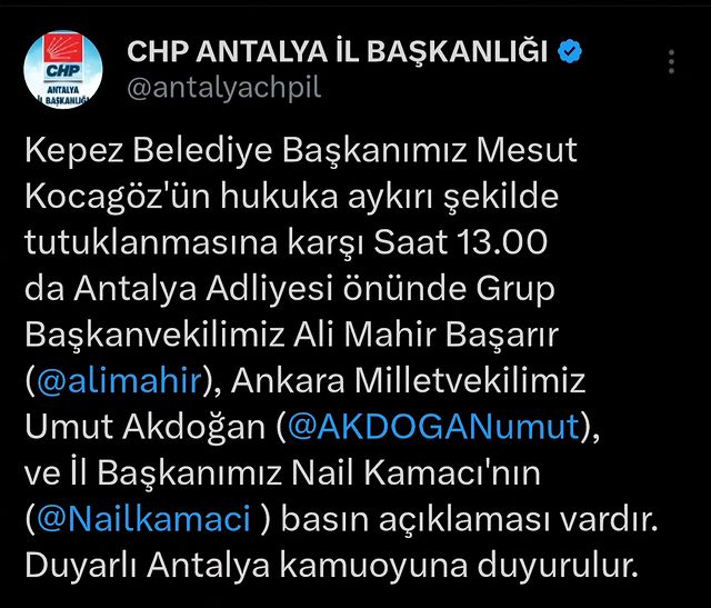 CHP'li Temsilciler Antalya'da Tutuklanan Kepez Belediye Başkanı İçin Basın Açıklaması Yaptı